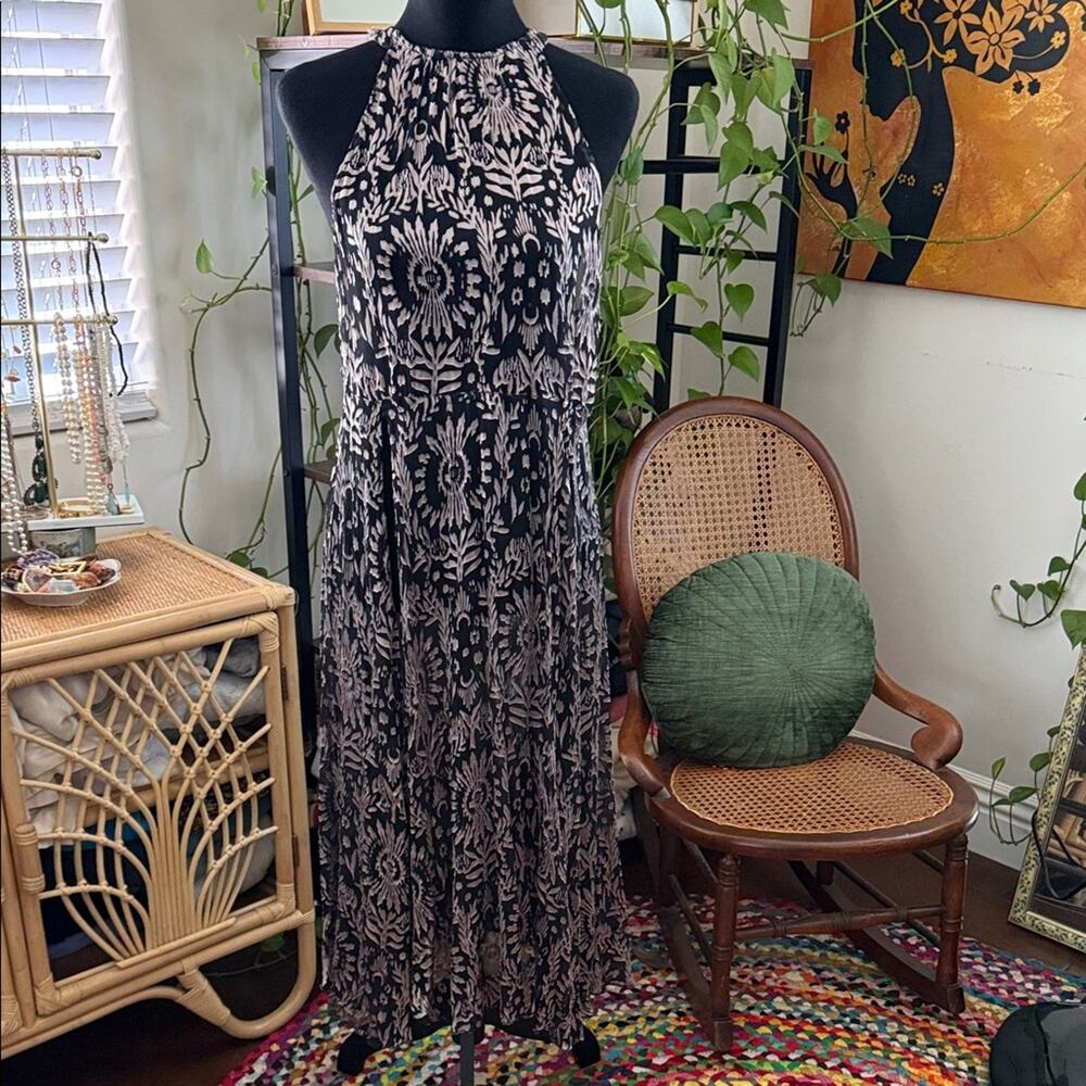 Free People Silk Blend Black Pewter Side Slit Boho Hippie Sleeveless Maxi Top